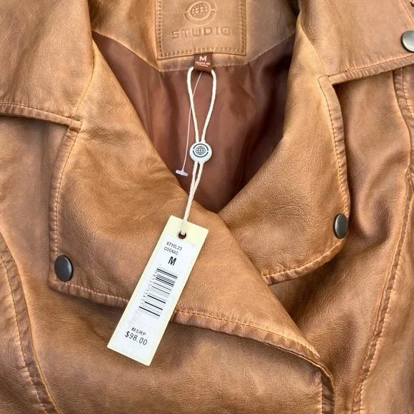 Max Studio Vegan Leather Moto Boho Vibes Tan Jacket NWTs Size M